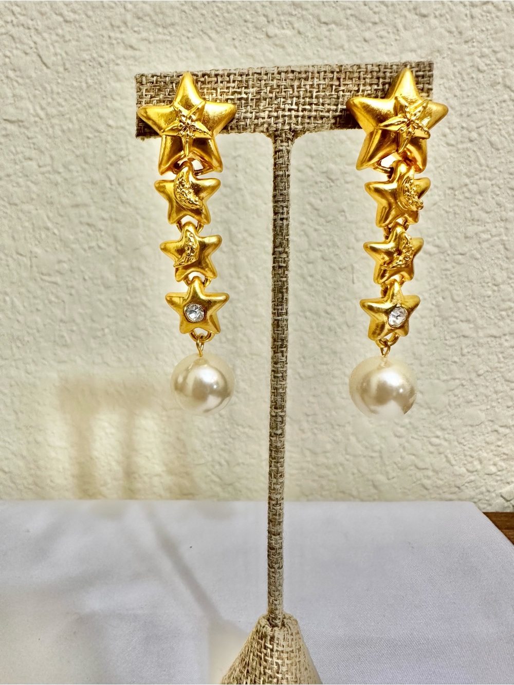 3” Vintage Gold Plated Star Drop Earrings with Pearl Accent